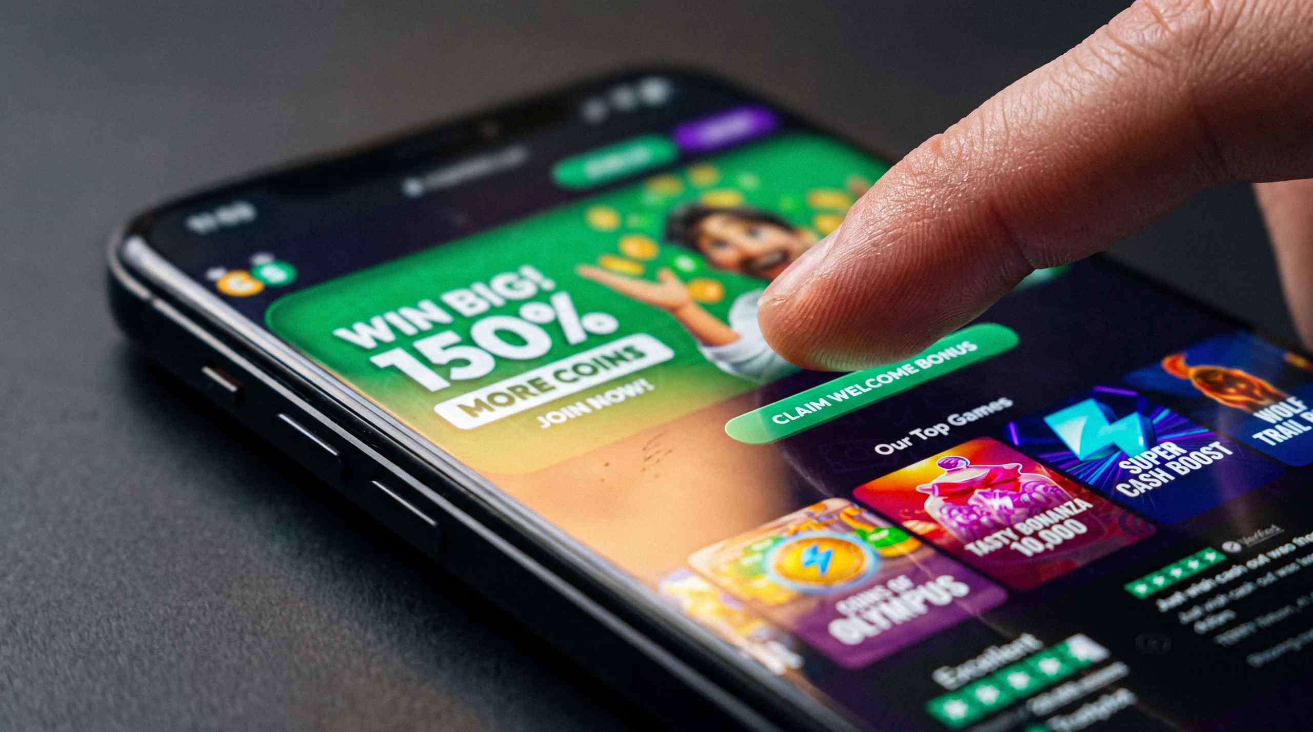 A smartphone with a welcome offer for a sweepstakes casino